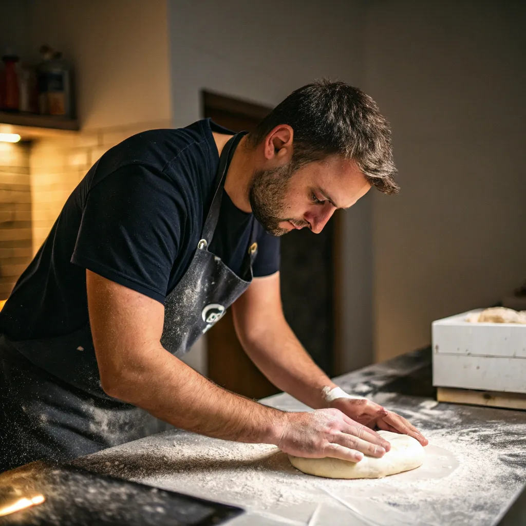 Alex kneading pizza dough
