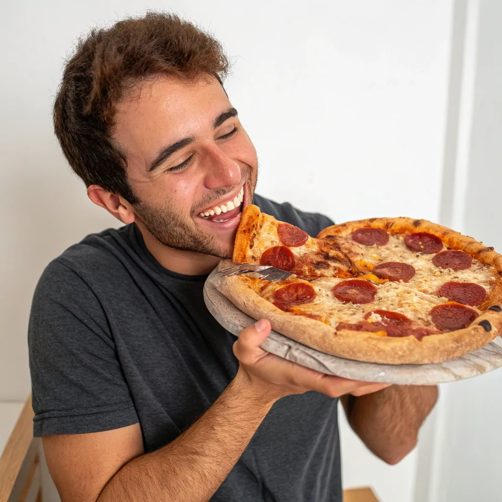 Johnathan smiling with a pizza