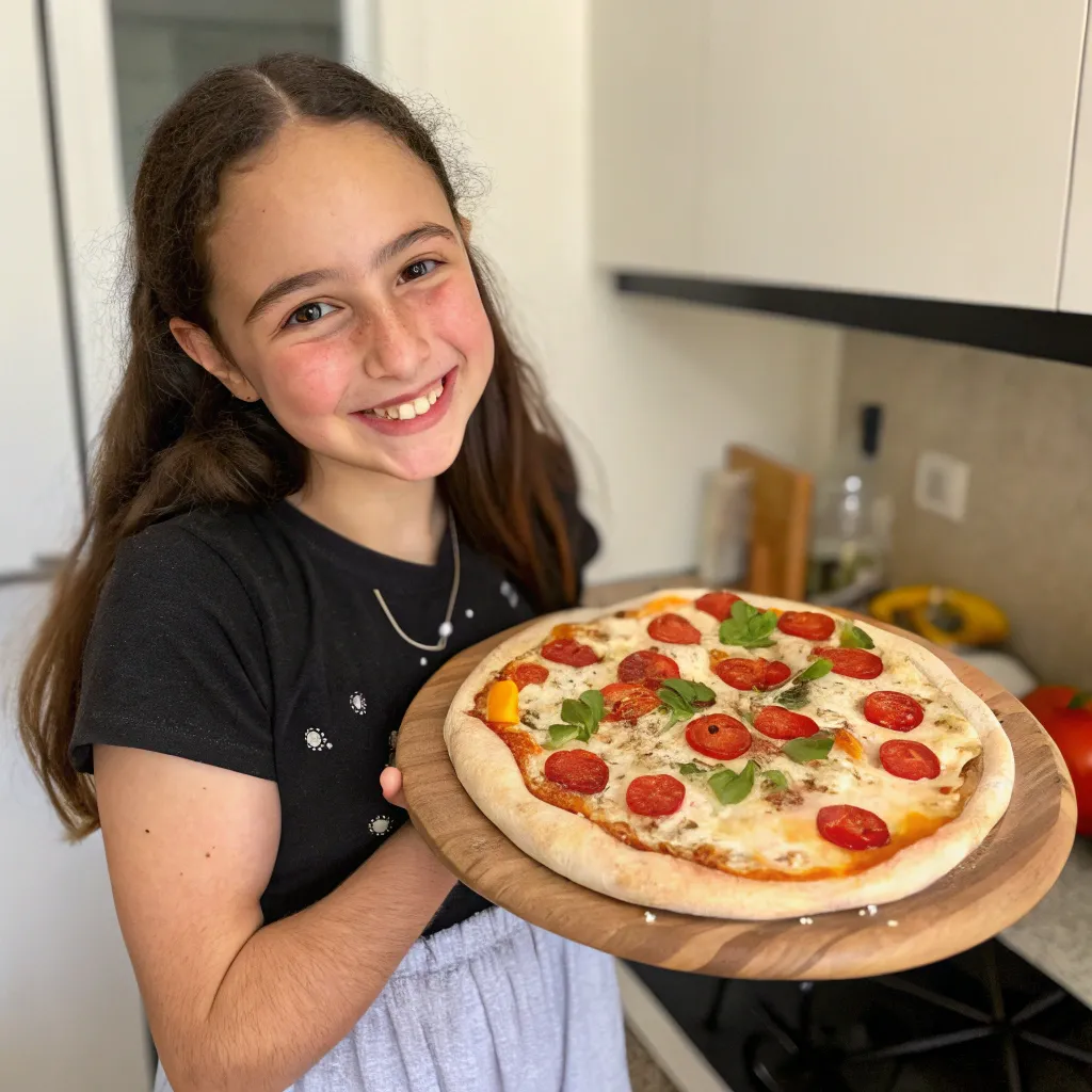 Sophia proudly holding a homemade pizza